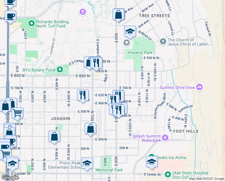 map of restaurants, bars, coffee shops, grocery stores, and more near 595 900 East in Provo