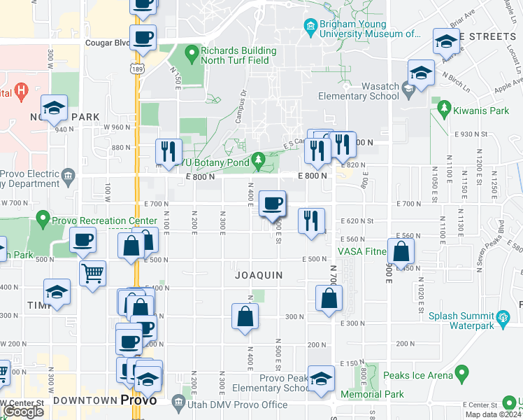 map of restaurants, bars, coffee shops, grocery stores, and more near 429 East 600 North in Provo