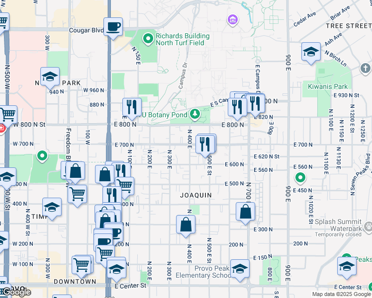 map of restaurants, bars, coffee shops, grocery stores, and more near 345 East 600 North in Provo