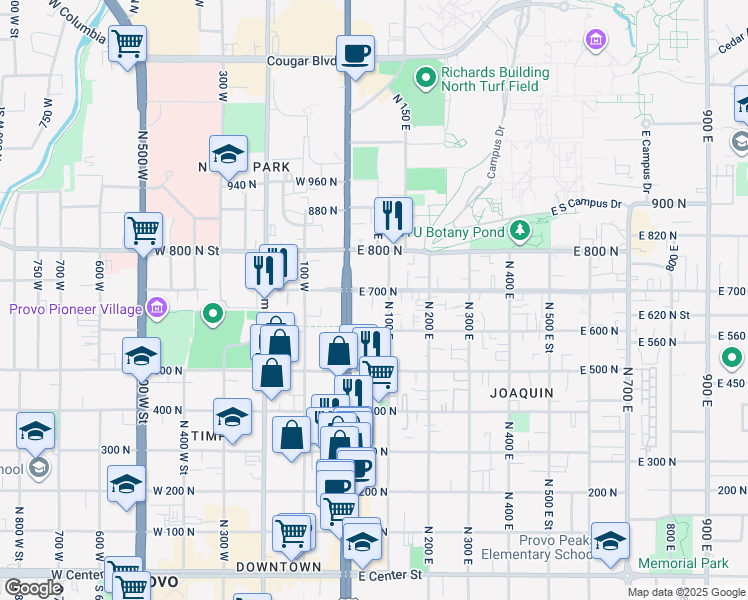 map of restaurants, bars, coffee shops, grocery stores, and more near 617 North 100 East in Provo