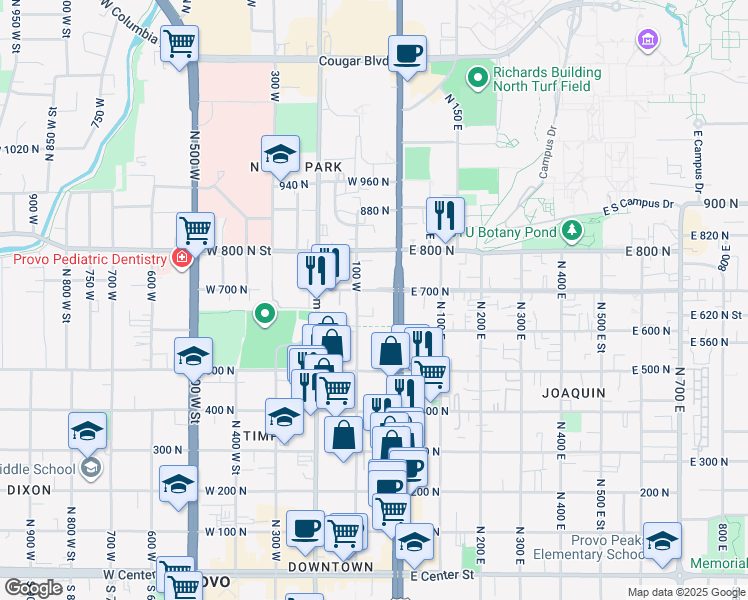 map of restaurants, bars, coffee shops, grocery stores, and more near 620 100 West in Provo
