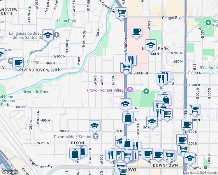 map of restaurants, bars, coffee shops, grocery stores, and more near 630 700 West in Provo