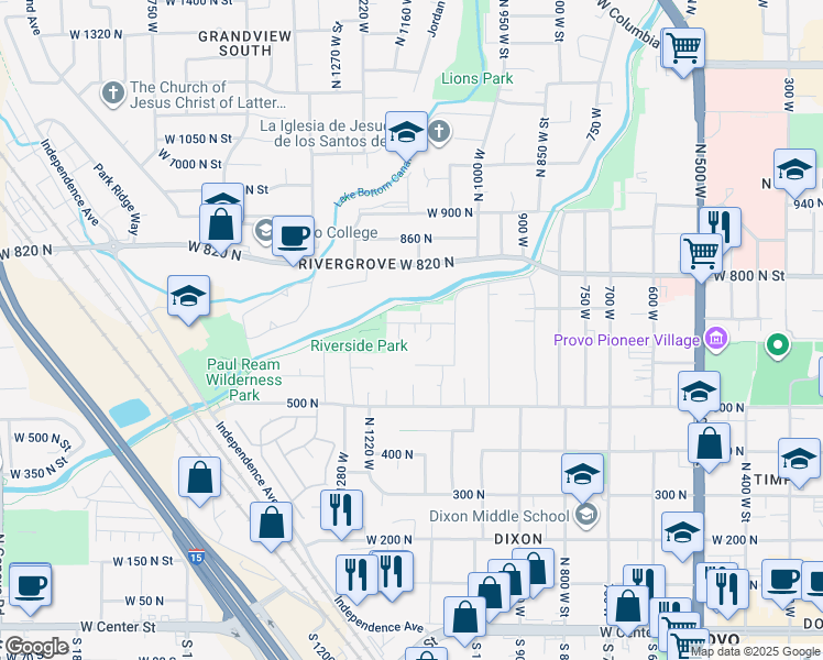 map of restaurants, bars, coffee shops, grocery stores, and more near 613 1100 West in Provo