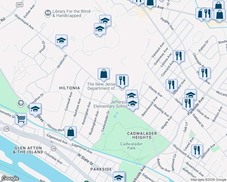 map of restaurants, bars, coffee shops, grocery stores, and more near in Trenton