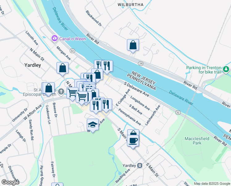 map of restaurants, bars, coffee shops, grocery stores, and more near 34 East College Avenue in Yardley