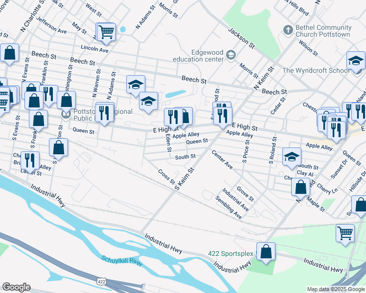 map of restaurants, bars, coffee shops, grocery stores, and more near 886 South Street in Pottstown