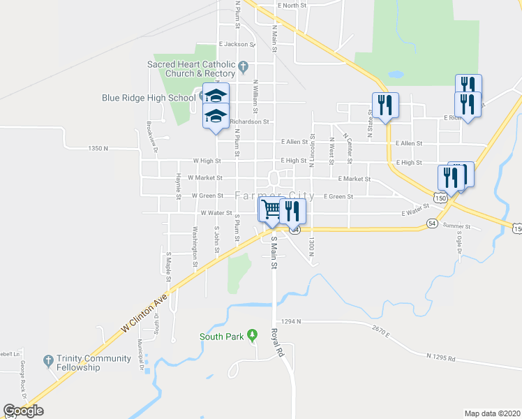 map of restaurants, bars, coffee shops, grocery stores, and more near 2 Cedar Cir in Farmer City