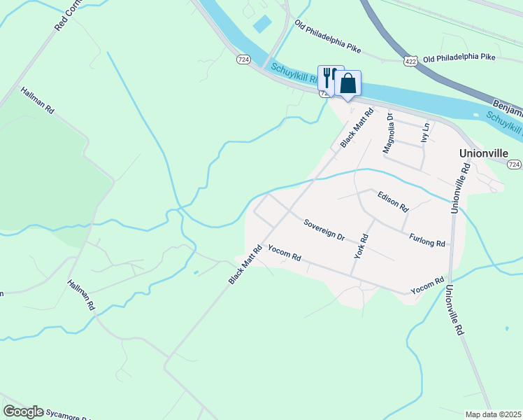 map of restaurants, bars, coffee shops, grocery stores, and more near 17 King Street in Douglassville