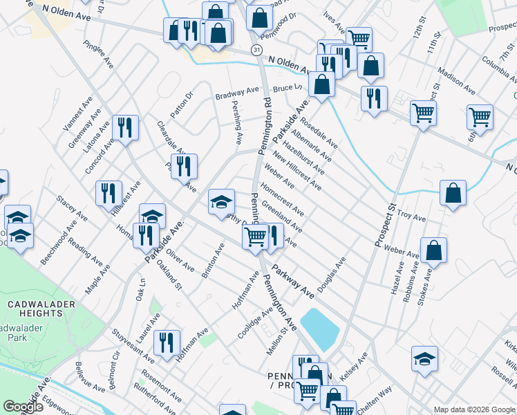 map of restaurants, bars, coffee shops, grocery stores, and more near 1066 Pennington Road in Ewing Township