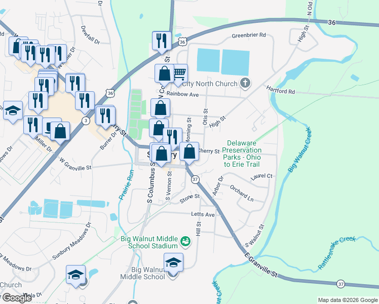 map of restaurants, bars, coffee shops, grocery stores, and more near 98 East Granville Street in Sunbury