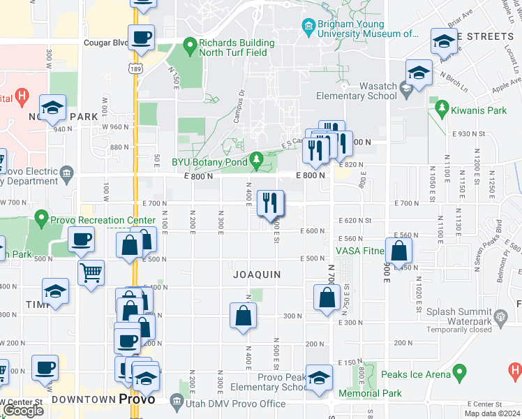 map of restaurants, bars, coffee shops, grocery stores, and more near 440 East 700 North in Provo