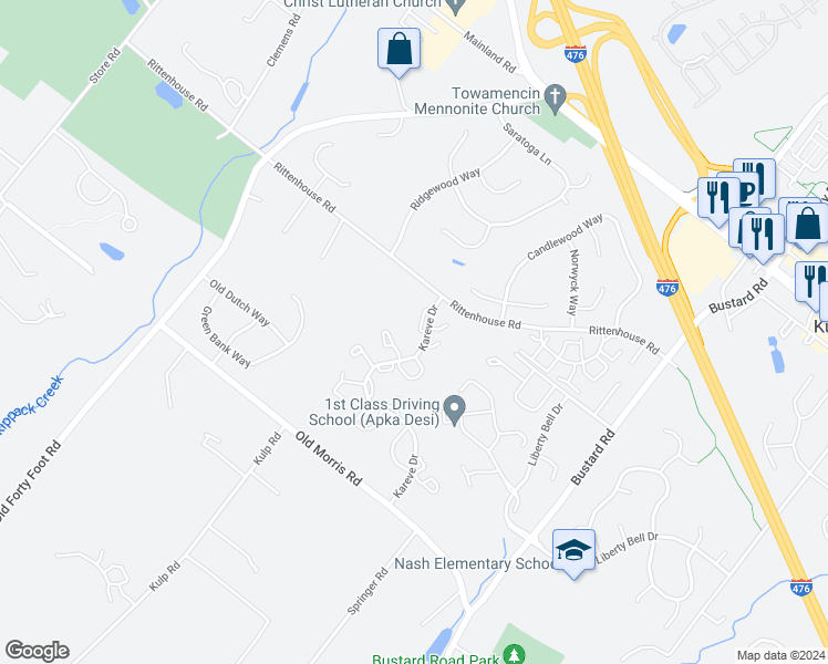 map of restaurants, bars, coffee shops, grocery stores, and more near 420 Calverton Court in Harleysville