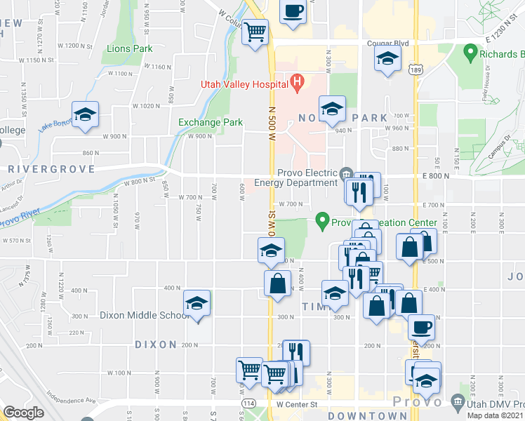 map of restaurants, bars, coffee shops, grocery stores, and more near 675 North 500 West in Provo