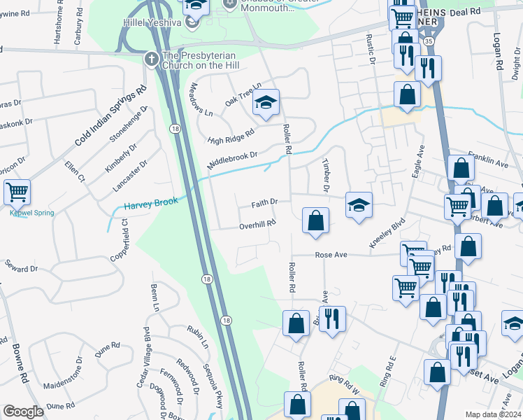 map of restaurants, bars, coffee shops, grocery stores, and more near 7 Faith Drive in Monmouth County