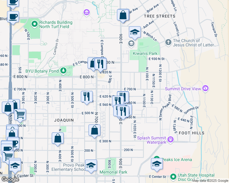 map of restaurants, bars, coffee shops, grocery stores, and more near 838 East 700 North in Provo