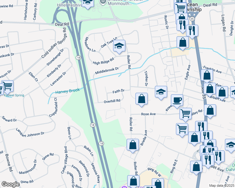 map of restaurants, bars, coffee shops, grocery stores, and more near 7 Faith Drive in Monmouth County