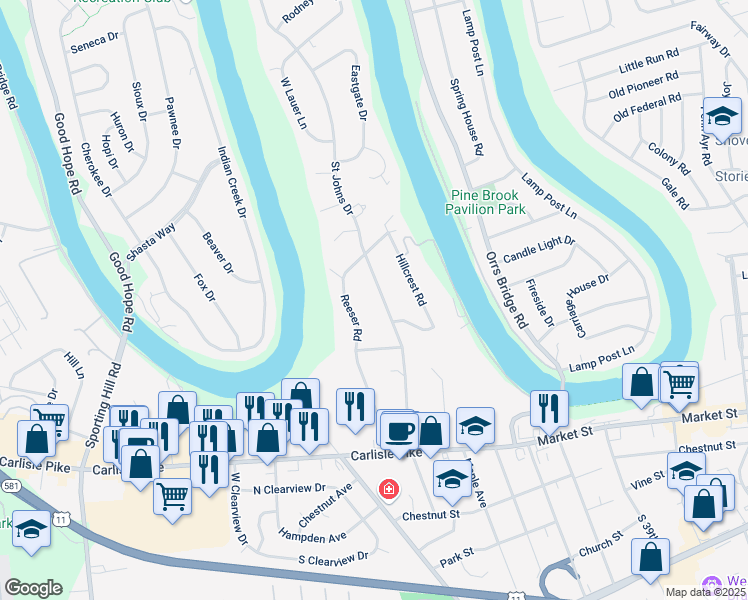 map of restaurants, bars, coffee shops, grocery stores, and more near 241 Saint Johns Drive in Camp Hill
