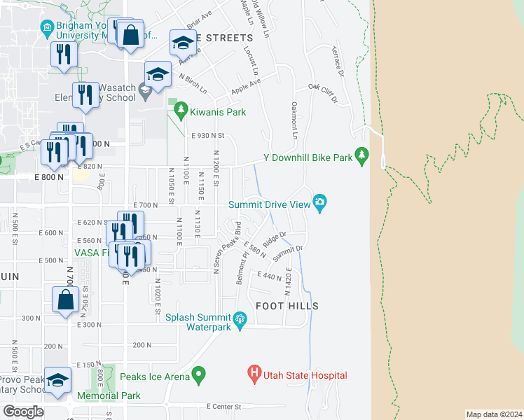 map of restaurants, bars, coffee shops, grocery stores, and more near 1337 East 720 North in Provo