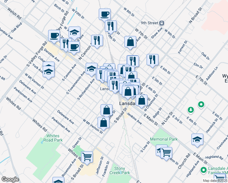 map of restaurants, bars, coffee shops, grocery stores, and more near in Lansdale