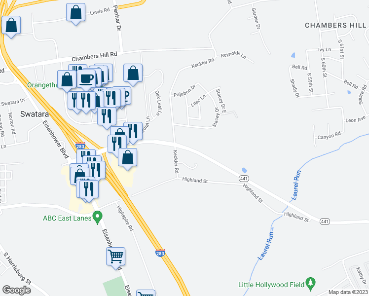 map of restaurants, bars, coffee shops, grocery stores, and more near Lindle Road in Harrisburg