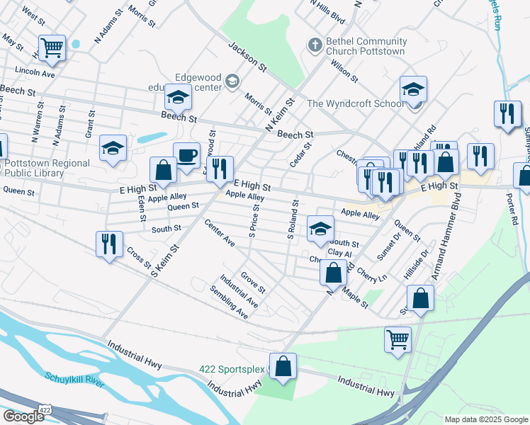 map of restaurants, bars, coffee shops, grocery stores, and more near 1116 Queen Street in Pottstown