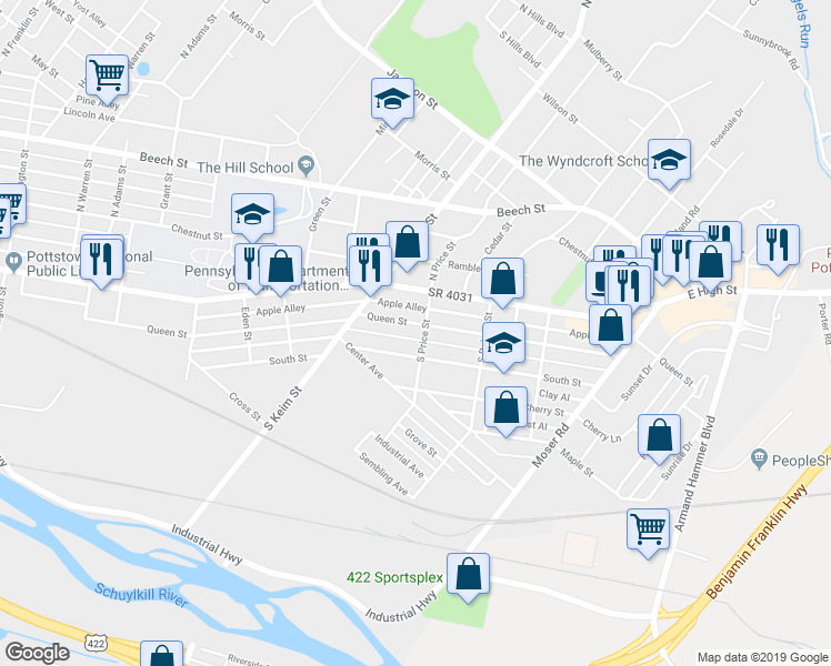 map of restaurants, bars, coffee shops, grocery stores, and more near 1064 Queen Street in Pottstown