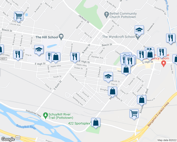 map of restaurants, bars, coffee shops, grocery stores, and more near 1108 Queen Street in Pottstown