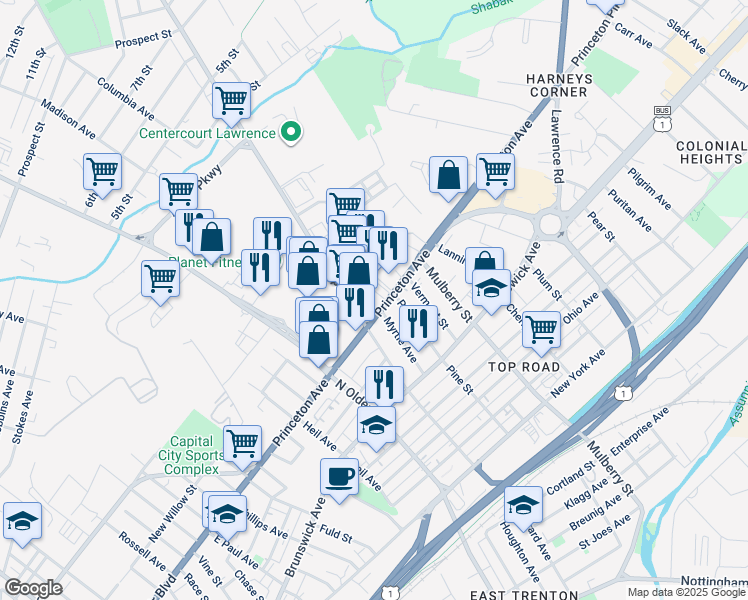 map of restaurants, bars, coffee shops, grocery stores, and more near 1613 Princeton Avenue in Lawrence Township