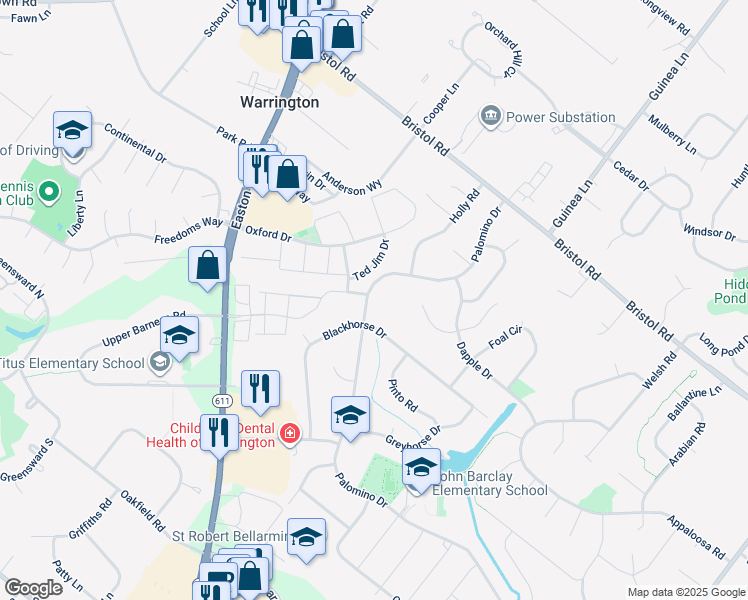 map of restaurants, bars, coffee shops, grocery stores, and more near 2209 Palomino Drive in Warrington