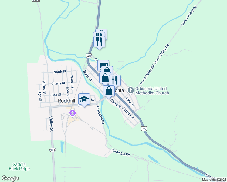 map of restaurants, bars, coffee shops, grocery stores, and more near Ridgley Street in Orbisonia