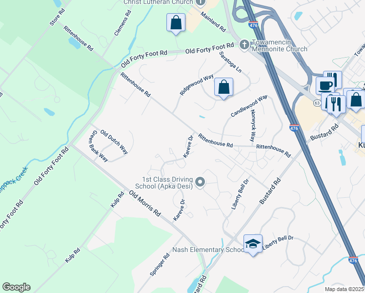 map of restaurants, bars, coffee shops, grocery stores, and more near 418 Calverton Court in Harleysville