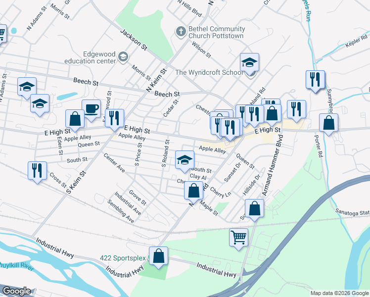 map of restaurants, bars, coffee shops, grocery stores, and more near 14 South Roland Street in Pottstown