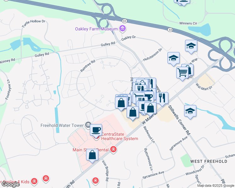 map of restaurants, bars, coffee shops, grocery stores, and more near 103 Greenwood Drive in Freehold