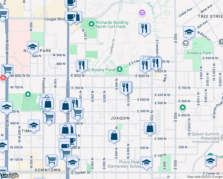map of restaurants, bars, coffee shops, grocery stores, and more near 735 North 400 East in Provo