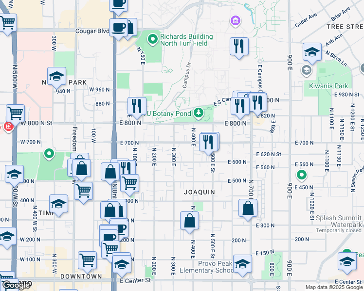 map of restaurants, bars, coffee shops, grocery stores, and more near 735 North 400 East in Provo