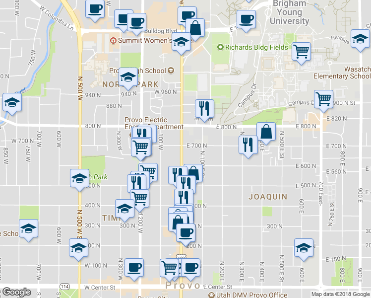 map of restaurants, bars, coffee shops, grocery stores, and more near in Provo