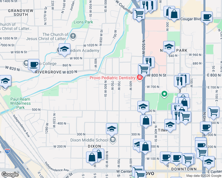 map of restaurants, bars, coffee shops, grocery stores, and more near 760 700 North in Provo