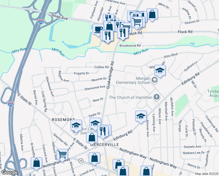 map of restaurants, bars, coffee shops, grocery stores, and more near 2930 Quakerbridge Road in Trenton