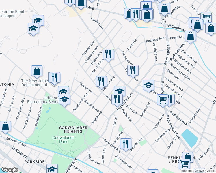 map of restaurants, bars, coffee shops, grocery stores, and more near 339 Hillcrest Avenue in Ewing Township
