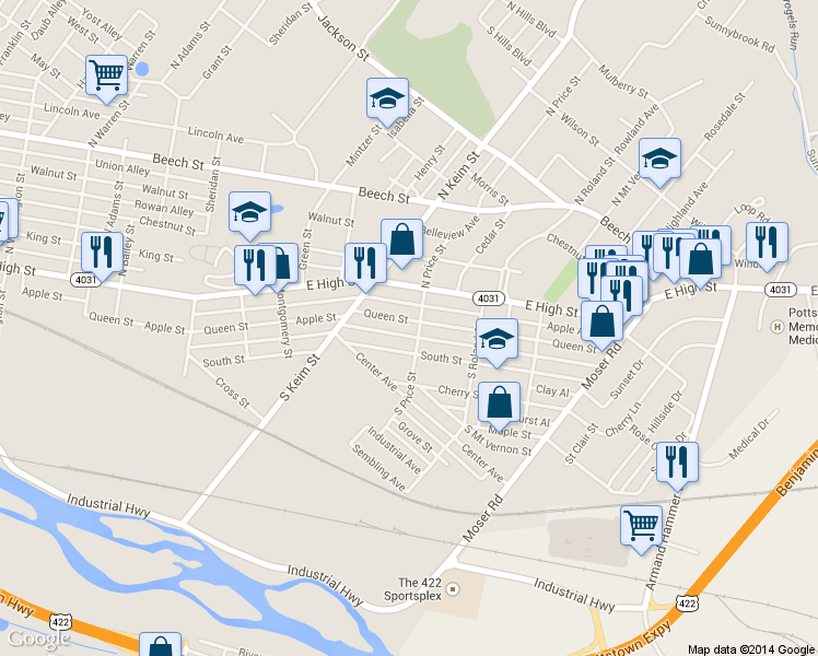 map of restaurants, bars, coffee shops, grocery stores, and more near 1039 Apple Alley in Pottstown
