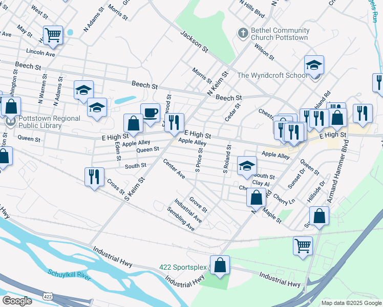 map of restaurants, bars, coffee shops, grocery stores, and more near 1039 Apple Alley in Pottstown