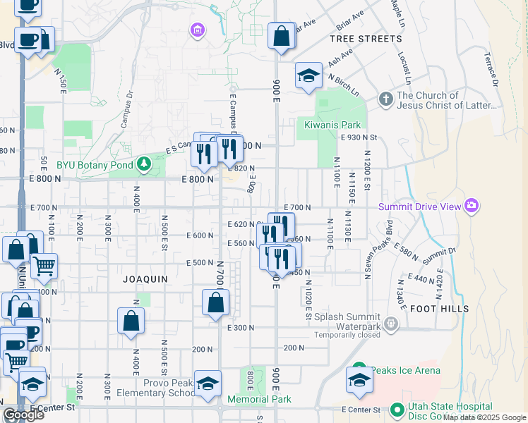 map of restaurants, bars, coffee shops, grocery stores, and more near 727 900 East in Provo