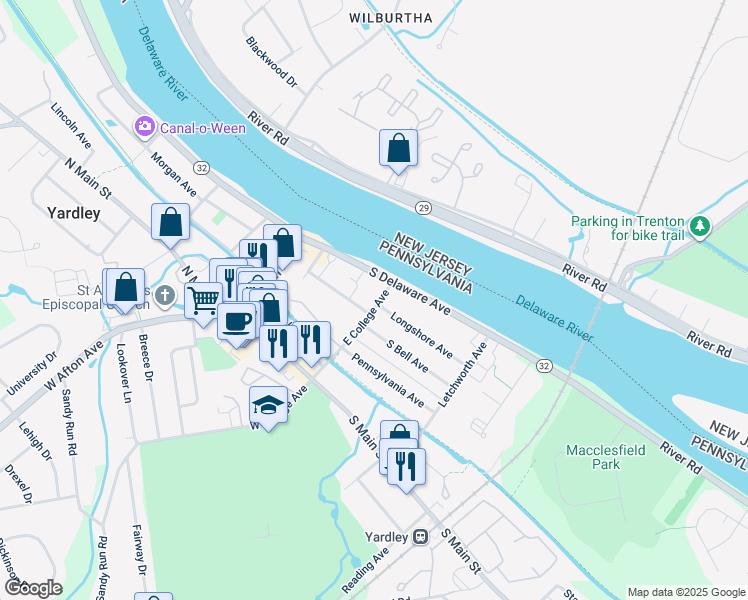 map of restaurants, bars, coffee shops, grocery stores, and more near 62 East College Avenue in Yardley