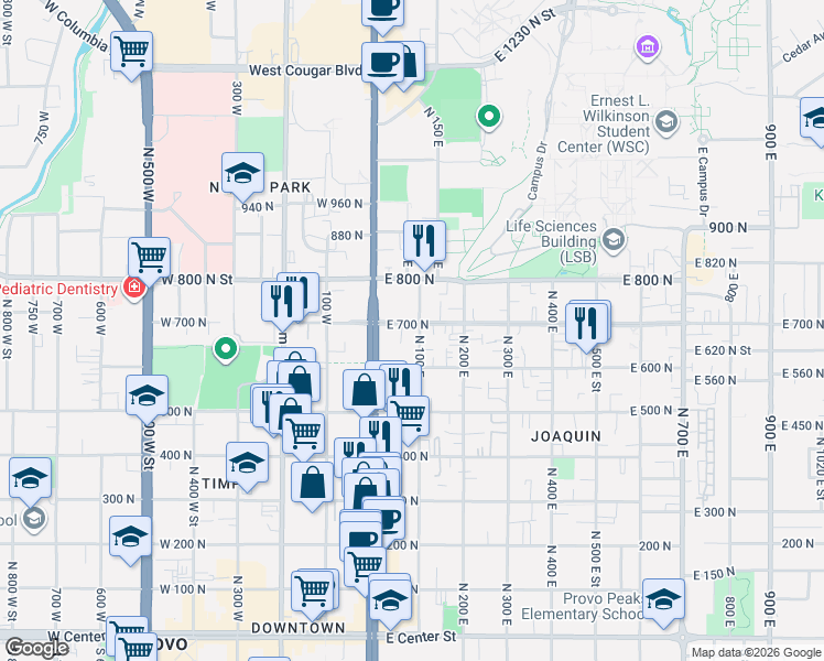 map of restaurants, bars, coffee shops, grocery stores, and more near 745 North 100 East in Provo