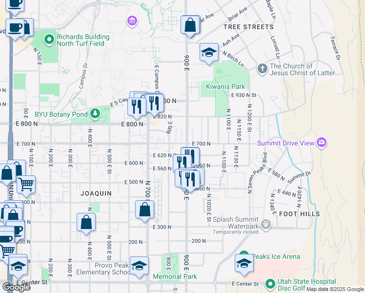 map of restaurants, bars, coffee shops, grocery stores, and more near 892 East 700 North in Provo