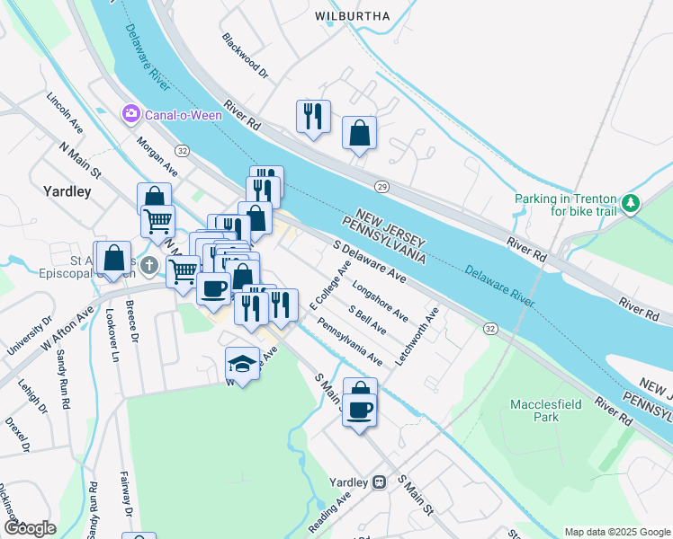 map of restaurants, bars, coffee shops, grocery stores, and more near 62 East College Avenue in Yardley