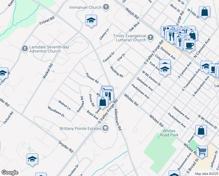 map of restaurants, bars, coffee shops, grocery stores, and more near 1052 Allentown Road in Lansdale