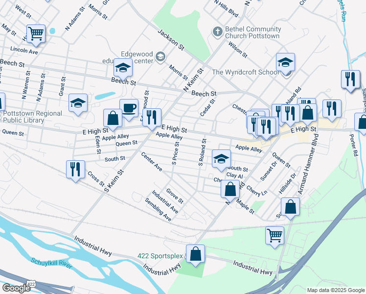 map of restaurants, bars, coffee shops, grocery stores, and more near 1116 Queen Street in Pottstown