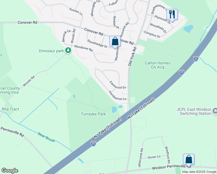 map of restaurants, bars, coffee shops, grocery stores, and more near 20 Eastwood Drive in East Windsor
