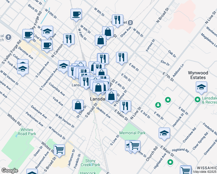 map of restaurants, bars, coffee shops, grocery stores, and more near 300 N Broad St in Lansdale